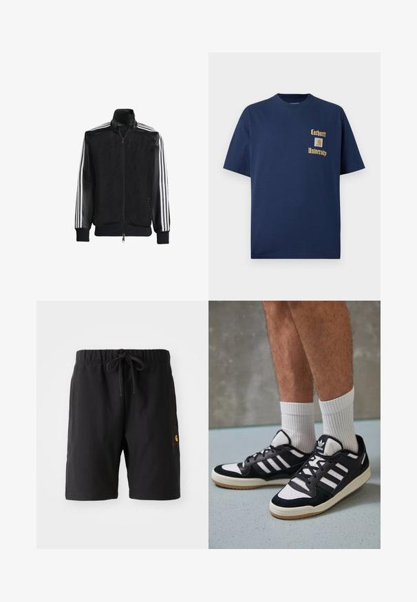 Veste en maille noire avec fermeture éclair à l'avant, présentant des manches noires unies et trois rayures blanches le long des bras. Poignets et ourlet côtelés.; T-shirt en coton bleu marine à manches courtes, avec le texte doré "Carhartt University" et un écusson logo sur la poitrine gauche.; Shorts noirs avec une taille élastique et un cordon de serrage. Présente une poche latérale et un petit logo rouge et jaune sur le bas à gauche.; Baskets noir et blanc avec une tige en suède et cuir, comportant trois rayures blanches, un bout perforé et une semelle en caoutchouc gum.