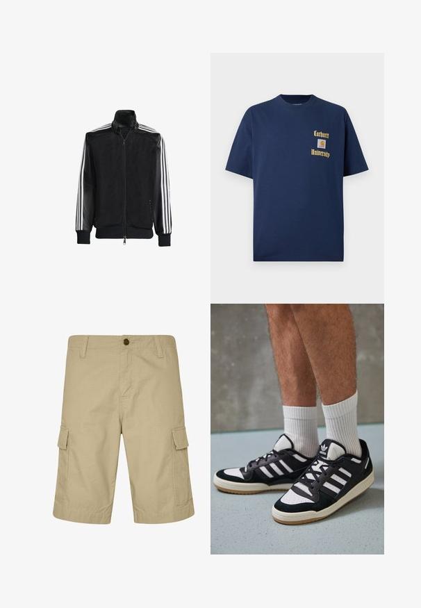 Svart mesh-jakke med glidelås foran, med solide svarte ermer og tre hvite striper langs armene. Ribbestrikkede mansjetter og nederkant.; Mørk blå bomull t-skjorte med korte ermer, med gulltekst "Carhartt University" og et logo-patch på venstre bryst.; Beige cargo shorts laget av lett stoff, med flat front, sidelommer og teksturert mønster, designet for avslappet bruk.; Sorte og hvite sneakers med overdel i semsket skinn og lær, med tre hvite striper, perforert tå og en såle av gummi.