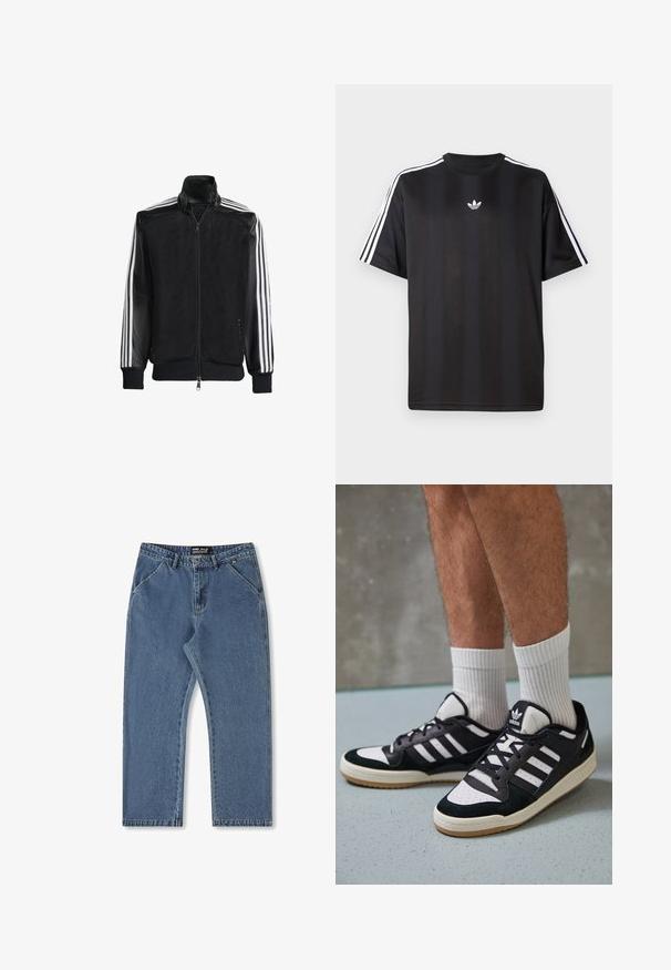 Crna mrežasta jakna s patentnim zatvaračem sprijeda, koja ima čvrste crne rukave i tri bijele pruge duž ruku. Riblje manžetne i rub.; Crna majica kratkih rukava s bijelim trostrukim detaljima na ramenima i malim bijelim logotipom na prsima. Glatka tekstura tkanine.; Plave traperice s ravnim nogavicama, srednjim strukom i klasičnim dizajnom s pet džepova. Imaju suptilno blijeđenje i šivane detalje.; Crne i bijele tenisice s gornjim dijelom od antilopa i kože, s tri bijele pruge, perforiranim prstom i gumiranim potplatom.