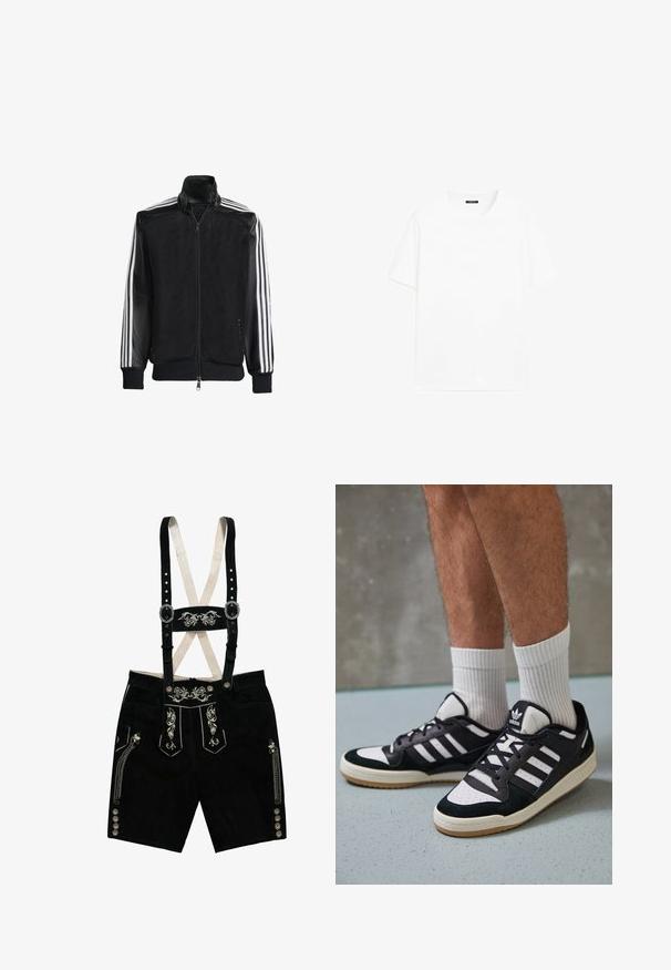 Černá síťovaná bunda na zip, s celými černými rukávy a třemi bílými pruhy podél rukávů. Hladké manžety a lem.; Bílá bavlněná tričko s krátkými rukávy, kulatým výstřihem a rovný střih. Hladká textura bez viditelných vzorů nebo akcentů.; Černé semišové lederhosen s vyšívanými květinovými vzory, nastavitelné popruhy, stříbrné knoflíky a boční kapsy. Akcenty ve stříbrné nitě.; Černobílé tenisky s vrchní částí z semišové a kožené kůže, včetně tří bílých pruhů, perforovaného špičky a podrážky z gumy.