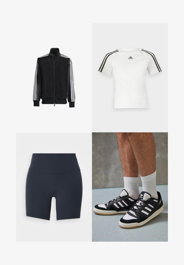 Schwarze Mesh-Jacke mit Reißverschluss vorne, die aus einem einfarbigen schwarzen Ärmeln und drei weißen Streifen an den Armen besteht. Gerippte Bündchen und Saum.; Weißes kurzärmliges Sportshirt mit schwarzem Dreistrich-Design auf den Schultern, glatter Textur und kleinem schwarzen adidas-Logo auf der Brust.; Navyblaue, hochgeschnittene Sportshorts aus dehnbarem Material, mit einer glatten Textur und kontrastierenden Nähten entlang der Seiten.; Schwarz-weiße Sneaker mit einem Obermaterial aus Wildleder und Leder, ausgestattet mit drei weißen Streifen, einer perforierten Zehenpartie und einer Sohle aus Gummi.