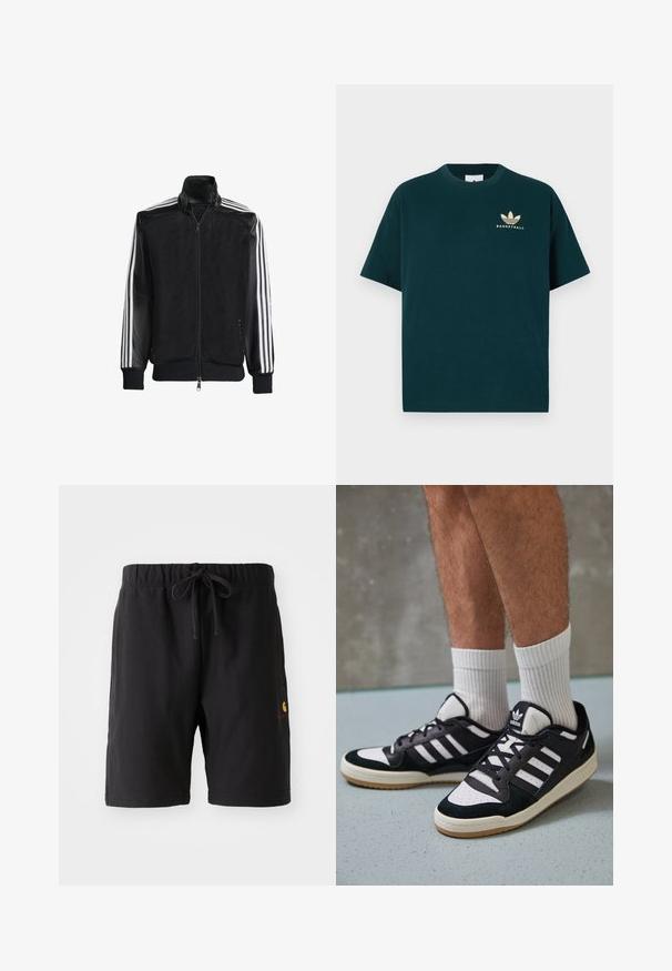 Musta verkkomantteli, jossa on vetoketjulla suljettava etuosa, mustat hihat ja kolme valkoista raitaa käsivarsilla. Ribbaatut hihansuut ja helma.; Dark green cotton t-paita, jossa on pyöreä kaula-aukko, lyhyet hihat ja kullanvärinen painatus, jossa on kolme lehteä ja sana "KORIPALLO."; Mustat shortsit joustavalla vyötärölinjalla ja narulla. Sisältää sivutaskun ja pienen punaisena ja keltaisena olevan logon vasemmassa alakulmassa.; Valkoiset ja mustat tennarit, joissa on mokkanahka- ja nahkapäällinen, kolme valkoista raitaa, rei'itetty kärki ja kumipohja.