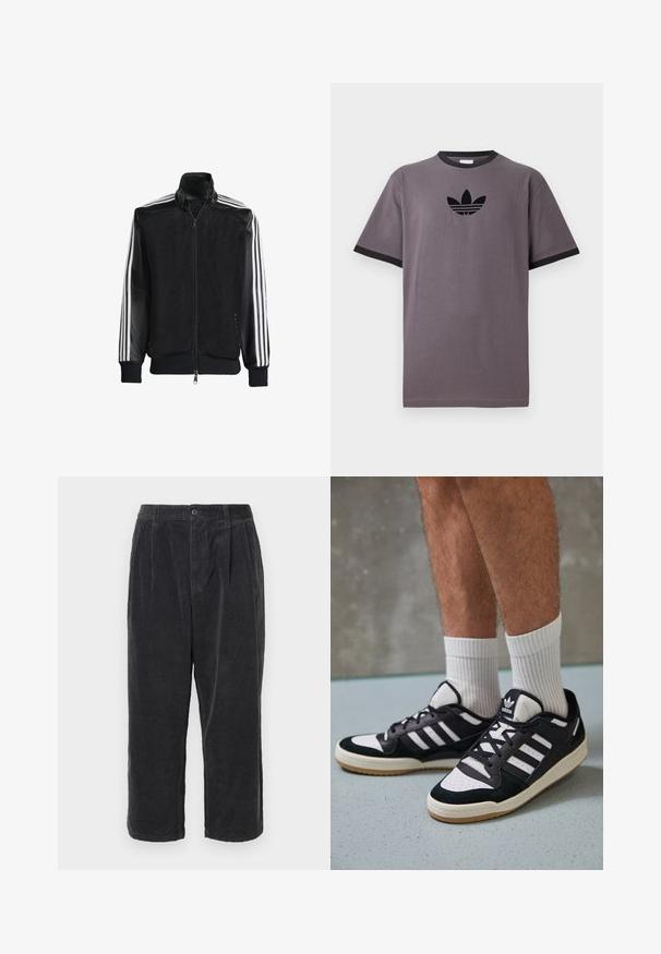 Must mustriga jope, millel on lukuga eesosa, ning mustad varrukad ja kolm valget triipu varrukate ääres. Ribaelastne mansett ja allääre.; Hall hõbedane puuvillane T-särk musta ribaga ümarkaelusega ja lühikeste varrukatega, rinnal must Adidas'i logo.; Tumed grisid korduroy püksid, laia lõikega, nupuga sulgemisega, volditud ja lühikese pikkusega, näidates ribaga tekstuuri.; Mustvalged ja valged spordijalatsid, mille pealmine osa on valmistatud suede'ist ja nahast. Kingadel on kolm valget riba, auguline varvas ja kummist tald.