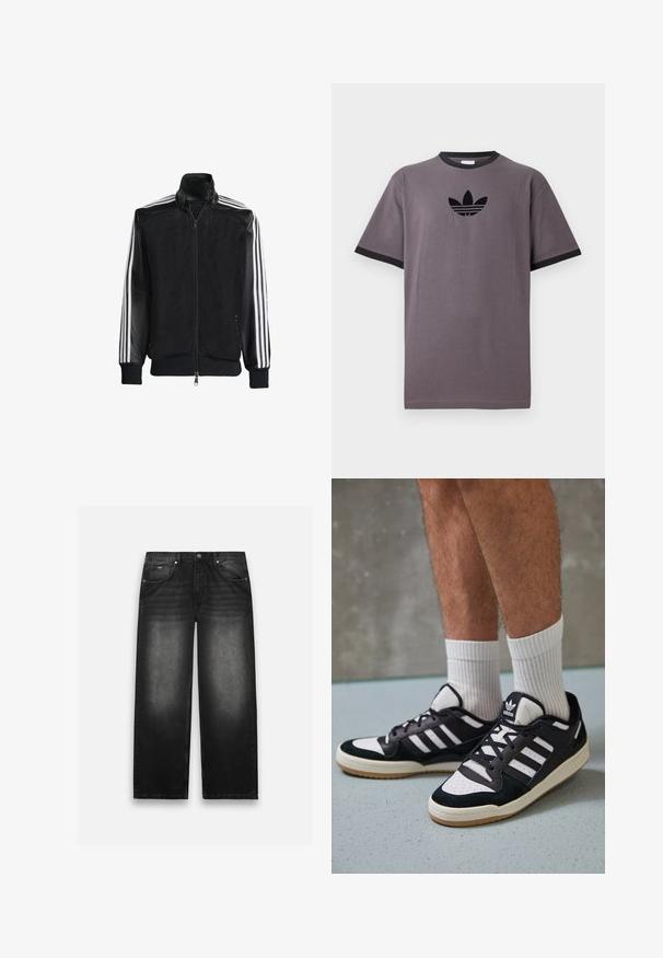 Chaqueta de malla negra con cierre de cremallera en la parte delantera, que presenta mangas negras sólidas y tres rayas blancas a lo largo de los brazos. Puños y dobladillo acanalados.; Camiseta de algodón gris con cuello redondo acanalado negro y mangas cortas, con un logo negro de Adidas en el pecho.; Jeans de denim negro con un diseño de pierna ancha. Cuenta con cinco bolsillos, ligero desvanecimiento y costuras resistentes. Cierre de botón y cremallera.; Zapatillas en blanco y negro con parte superior de ante y cuero, que presentan tres franjas blancas, una puntera perforada y una suela de goma.