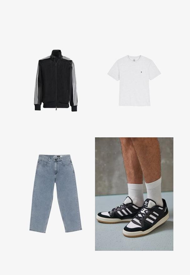 Juodas permatomas džemperis su užtrauktuku priekyje, turintis vientisas juodas rankoves ir tris baltas juostas ant rankų. Raukšlėtos rankogaliai ir apatinė dalis.; Pilkos trumpomis rankovėmis marškinėliai, pagaminti iš minkštos medžiagos, su apvaliu kaklu ir maža juoda logo kairiajame krūtinės pusėje. Paprastas dizainas ir tekstūra.; Šviesiai mėlyni džinsai su plačiomis kojomis, užsegami mygtuku, su penkiomis kišenėmis ir tiesiomis kojomis. Minkšta tekstūra, minimalus blukimas ir tvarkingi siuvimo siūlai.; Juodos ir baltos sportinės bateliai su zomšiniu ir odiniu viršumi, su trimis baltomis juostelėmis, perforuota koja ir guminėmis padais.