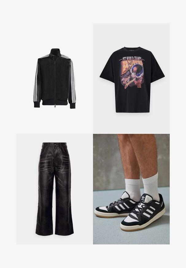 Musta verkkomantteli, jossa on vetoketjulla suljettava etuosa, mustat hihat ja kolme valkoista raitaa käsivarsilla. Ribbaatut hihansuut ja helma.; Musta puuvillainen t-paita, jossa on graafinen printti, jossa lukee "1972 MAAILMAN MESTARIT", kypäräkuvio ja "Sukupolvien Taistelu" eloisilla väreillä.; Mustat nahkahousut, joissa on leveät lahkeet, sileä pinta, etupocketit, vyölenkit ja hienovaraiset pystysuorat kuviot kankaassa.; Valkoiset ja mustat tennarit, joissa on mokkanahka- ja nahkapäällinen, kolme valkoista raitaa, rei'itetty kärki ja kumipohja.