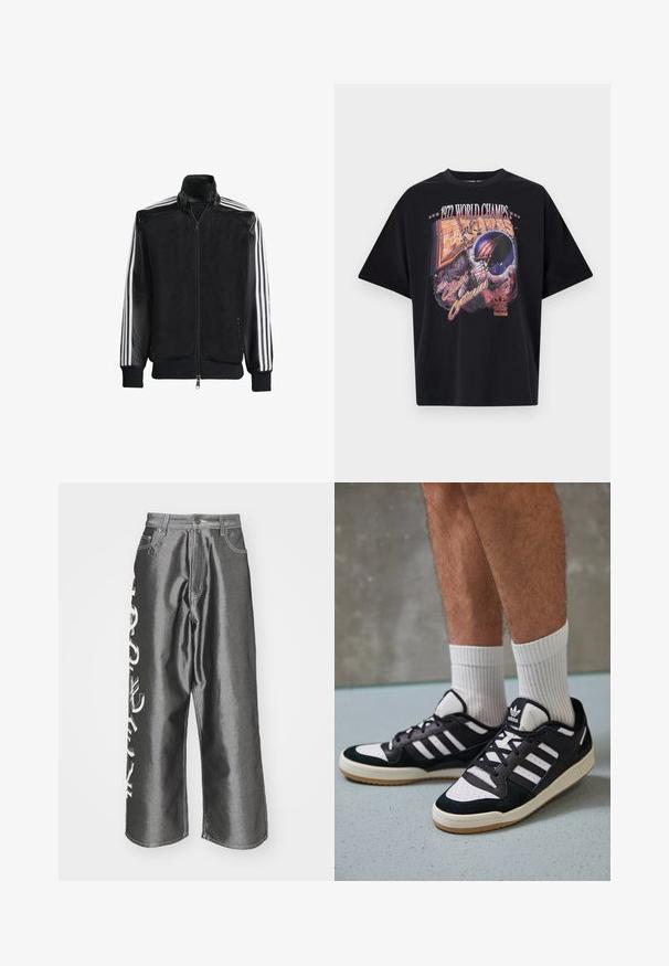 Černá síťovaná bunda na zip, s celými černými rukávy a třemi bílými pruhy podél rukávů. Hladké manžety a lem.; Černé bavlněné tričko s grafickým potiskem "1972 WORLD CHAMPS", designem helmy a nápisem "The Clash of Centuries" v živých barvách.; Jaded London CURRENCY SHINY COLOSSUS - Volné džíny - silver; Černobílé tenisky s vrchní částí z semišové a kožené kůže, včetně tří bílých pruhů, perforovaného špičky a podrážky z gumy.