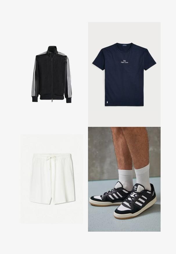 Black mesh jacket with a zip front, featuring solid black sleeves and three white stripes along the arms. Ribbed cuffs and hem.; Navy blue cotton t-shirt with short sleeves, round neckline, embroidered "Polo Ralph Lauren" logo on front, and small white horse logo on hem.; White athletic shorts made of lightweight fabric, featuring an elastic waistband with a drawstring and side pockets. Smooth texture.; Black and white sneakers with a suede and leather upper, featuring three white stripes, a perforated toe, and a gum rubber sole.