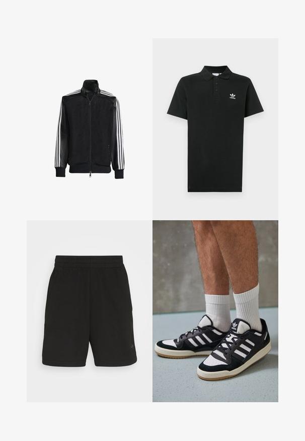 Jaqueta de malha preta com fecho zip, apresentando mangas pretas sólidas e três riscas brancas ao longo dos braços. Punhos e bainha canelados.; Polo preta de algodão com pala de três botões, mangas curtas e um pequeno logótipo branco da Adidas no peito esquerdo.; Calções de desporto pretos com um tecido texturizado, cinto elástico e dois bolsos laterais, apresentando uma marcação mínima na parte inferior da perna.; Ténis em preto e branco com upper em camurça e couro, apresentando três riscas brancas, um toe perfurado e uma sola em borracha de goma.