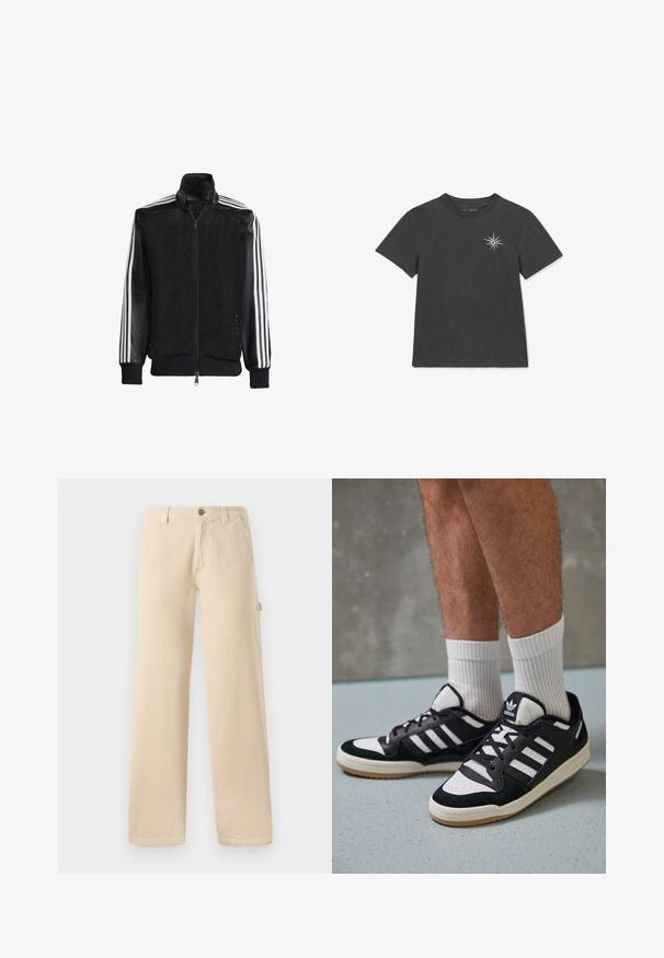 Schwarze Mesh-Jacke mit Reißverschluss vorne, die aus einem einfarbigen schwarzen Ärmeln und drei weißen Streifen an den Armen besteht. Gerippte Bündchen und Saum.; Dunkelgraues Baumwoll-T-Shirt mit Rundhalsausschnitt und kurzen Ärmeln. Mit einer weißen und türkisfarbenen Kompassrose-Stickerei auf der linken Brust.; Beige Cordhosen mit weitem Bein, vertikaler Rippstruktur, frontalen Taschen und einem seitlichen Knopfdetail.; Schwarz-weiße Sneaker mit einem Obermaterial aus Wildleder und Leder, ausgestattet mit drei weißen Streifen, einer perforierten Zehenpartie und einer Sohle aus Gummi.