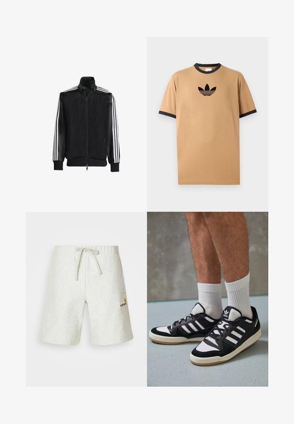 Juodas permatomas džemperis su užtrauktuku priekyje, turintis vientisas juodas rankoves ir tris baltas juostas ant rankų. Raukšlėtos rankogaliai ir apatinė dalis.; Šviesiai ruda medvilninė marškinėliai su juodu kanalų apykaklė ir rankogaliais. Krūtinėje pateiktas juodas Adidas logotipas su trimis juostelėmis po juo.; Šviesiai pilki šortai, pagaminti iš tekstūruotos medžiagos. Turi reguliuojamą raištinę juosmenį ir mažą logotipą kairėje pusėje.; Juodos ir baltos sportinės bateliai su zomšiniu ir odiniu viršumi, su trimis baltomis juostelėmis, perforuota koja ir guminėmis padais.