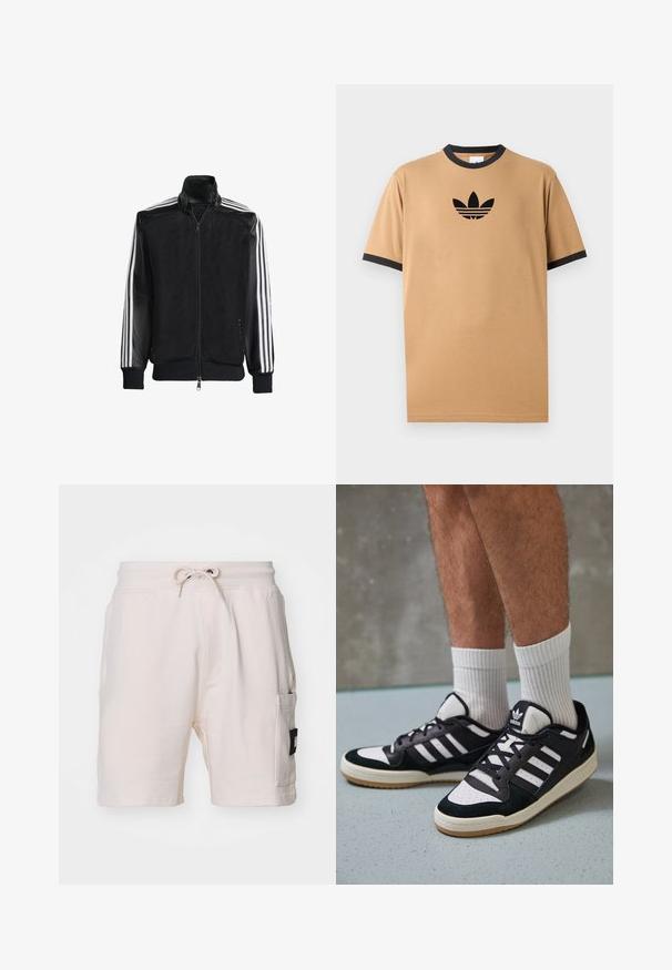 Sort meshjakke med lynlås foran, med ensfarvede sorte ærmer og tre hvide striber langs armene. Ribbet manchetter og kant.; Sandfarvet bomulds-T-shirt med sort ribbet rund hals og manchetter. Har et sort Adidas-logo med tre striber nedenfor logoet på brystet.; Lys beige bomuldsbukser med elastisk talje, snøre, sidelommer og et markant sort patch-label på siden.; Sorte og hvide sneakers med en overdel i ruskind og læder, der har tre hvide striber, en perforeret tå og en sål i gummigummi.