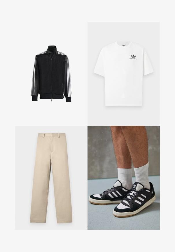 Veste en maille noire avec fermeture éclair à l'avant, présentant des manches noires unies et trois rayures blanches le long des bras. Poignets et ourlet côtelés.; T-shirt en coton blanc à manches courtes, avec un logo "BASKETBALL" noir et un design iconique à trois bandes à l'avant.; Pantalon beige avec une coupe droite, taille plate, deux poches latérales et une fermeture éclair. Fabriqué en tissu coton doux.; Baskets noir et blanc avec une tige en suède et cuir, comportant trois rayures blanches, un bout perforé et une semelle en caoutchouc gum.