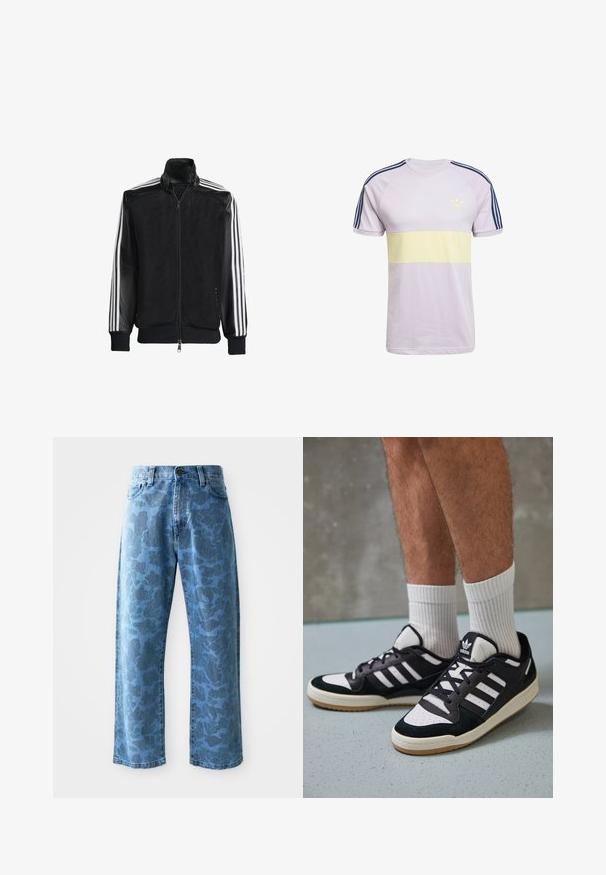 Czarna siateczkowa kurtka z zamkiem z przodu, z jednolitymi czarnymi rękawami i trzema białymi paskami wzdłuż ramion. Prążkowane mankiety i dół.; Jasnofioletowa bawełniana koszulka z żółtym poziomym pasem, granatowy wzór z trzema paskami na ramionach oraz małym logo adidas w kolorze żółtym.; Jasnoniebieskie dżinsy z subtelnym tonalnym wzorem kwiatowym, szerokie nogawki, pięć kieszeni oraz zapięcie na guzik w talii.; Czarno-białe sneakersy z zamszową i skórzaną cholewką, z trzema białymi paskami, perforowanym czubkiem i gumową podeszwą w kolorze gumy.