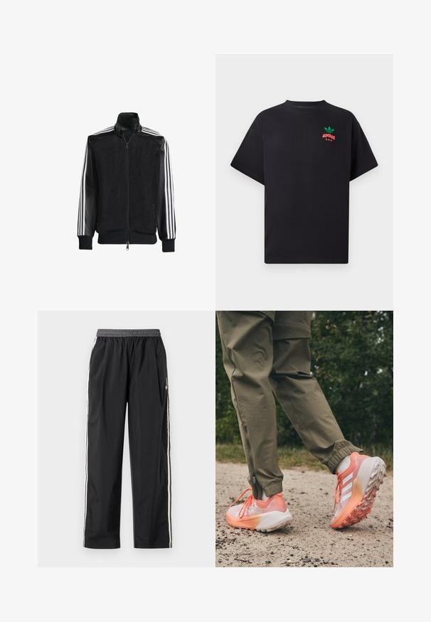 Czarna siateczkowa kurtka z zamkiem z przodu, z jednolitymi czarnymi rękawami i trzema białymi paskami wzdłuż ramion. Prążkowane mankiety i dół.; Czarny bawełniany t-shirt z krótkimi rękawami, z zielonym i czerwonym logo Adidas na piersi. Prosty, luźny krój.; Czarne spodnie sportowe z lekkiego materiału, z elastycznym paskiem w talii i białymi paskami po bokach. Luźny krój o gładkiej teksturze.; Buty sportowe w gradientowym wzorze, głównie w kolorze różowym i białym, z teksturowanymi podeszwami i kontrastowymi sznurowadłami, noszone z oliwkowymi spodniami.