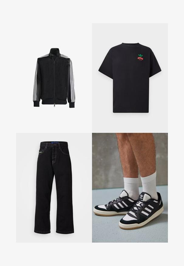 Juodas permatomas džemperis su užtrauktuku priekyje, turintis vientisas juodas rankoves ir tris baltas juostas ant rankų. Raukšlėtos rankogaliai ir apatinė dalis.; Juodas medvilnės marškinėliai trumpomis rankovėmis, su žaliu ir raudonu Adidas logotipu ant krūtinės. Paprastas, laisvas siluetas.; Juodi džinsai su tiesia iškirpte, su kontrastinėmis siūlėmis ir šoniniu kišeniu. Išskirtinis žalias logotipas kairiajame priekinio kišenėje.; Juodos ir baltos sportinės bateliai su zomšiniu ir odiniu viršumi, su trimis baltomis juostelėmis, perforuota koja ir guminėmis padais.
