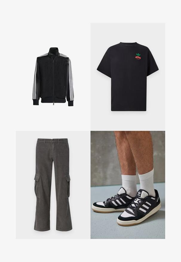 Musta verkkomantteli, jossa on vetoketjulla suljettava etuosa, mustat hihat ja kolme valkoista raitaa käsivarsilla. Ribbaatut hihansuut ja helma.; Musta puuvillapaita lyhyillä hihoilla, jossa on vihreä ja punainen Adidas-logo rintamuksessa. Yksinkertainen, rento leikkaus.; Harmaat chinopöksyt, joissa on suora lahje, sivutaskut ja hienovarainen aaltoileva tekstuuri. Napitettava ja vetoketjukiinnitys vyötäröllä.; Valkoiset ja mustat tennarit, joissa on mokkanahka- ja nahkapäällinen, kolme valkoista raitaa, rei'itetty kärki ja kumipohja.