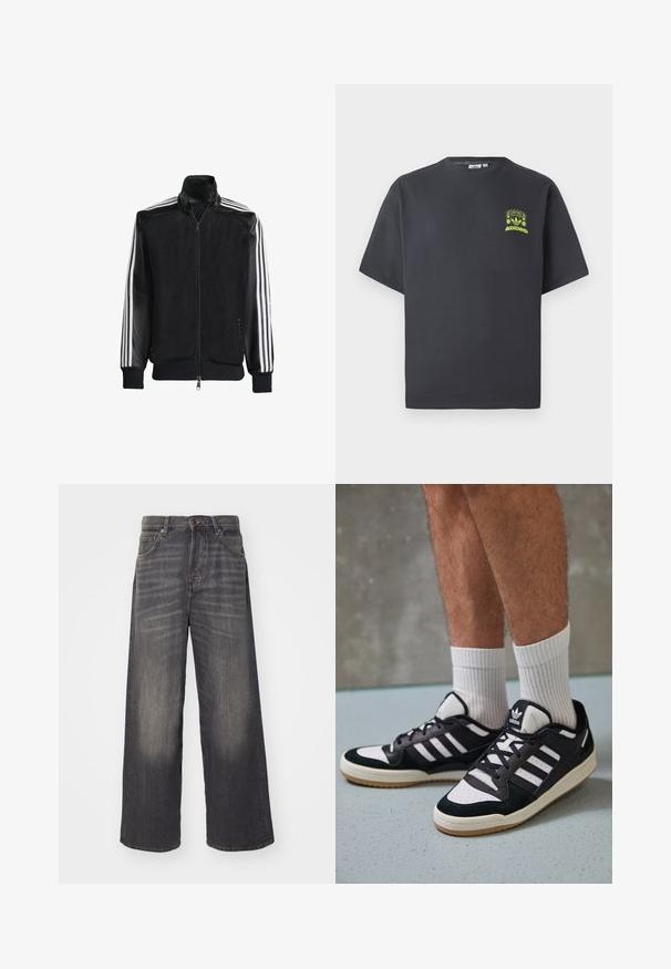 Chaqueta de malla negra con cierre de cremallera en la parte delantera, que presenta mangas negras sólidas y tres rayas blancas a lo largo de los brazos. Puños y dobladillo acanalados.; Camiseta de Adidas en gris carbón con mangas cortas y un pequeño gráfico en neón verde de altavoces, sol y el logo de Adidas en el lado izquierdo del pecho.; Vaqueros de pierna ancha y tiro alto en denim negro desgastado. Cuenta con cinco bolsillos y herrajes metálicos. Textura suave con sutiles detalles de desvanecimiento.; Zapatillas en blanco y negro con parte superior de ante y cuero, que presentan tres franjas blancas, una puntera perforada y una suela de goma.