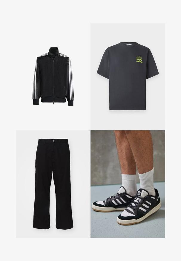 Zwarte maillotjas met een rits aan de voorkant, met stevige zwarte mouwen en drie witte strepen langs de armen. Geribbelde manchetten en zoom.; Koolgrijze Adidas T-shirt met korte mouwen en een kleine neon groene graphic van luidsprekers, zon en het Adidas-logo op de linkerkant van de borst.; Zwarte wijde broek gemaakt van een katoenmix, met een knoopsluiting en een recht model met minimaal zichtbare stiksels.; Zwart-witte sneakers met een bovenwerk van suede en leer, voorzien van drie witte strepen, een geperforeerde neus en een rubberen gumzool.