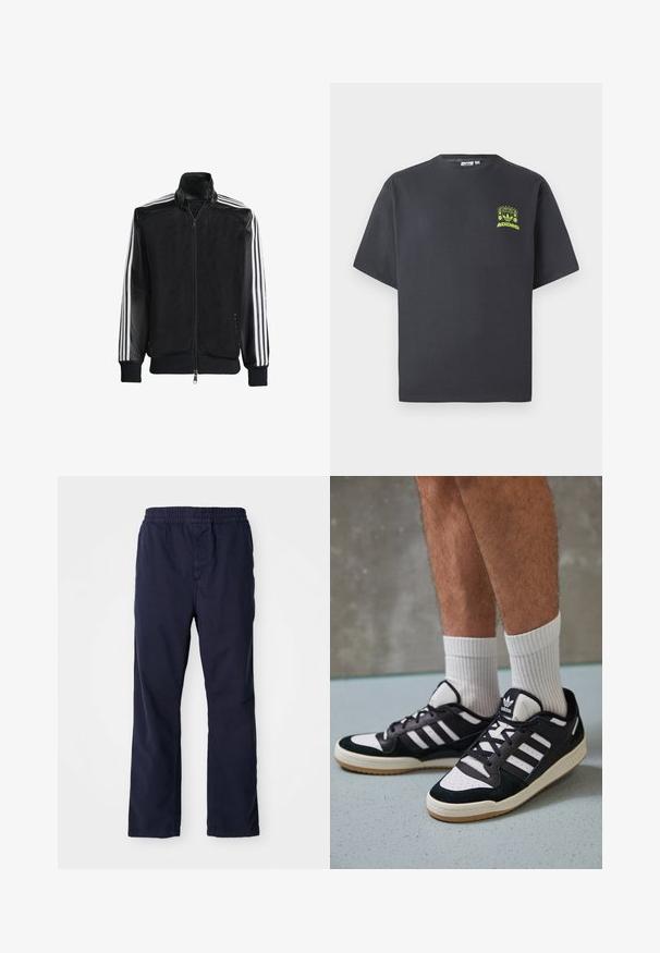 Juodas permatomas džemperis su užtrauktuku priekyje, turintis vientisas juodas rankoves ir tris baltas juostas ant rankų. Raukšlėtos rankogaliai ir apatinė dalis.; Anglies pilkos spalvos Adidas marškinėliai trumpomis rankovėmis su mažu neoninės žalios spalvos grafikų, vaizduojančiu garsiakalbius, saulę ir Adidas logotipą, kairėje krūtinės pusėje.; Tamsiai mėlynos medvilnės kelnes su elastinga juosmeniu, tiesių kojų dizainu ir subtiliais siuvinėjimais. Lygi tekstūra, nematomos kišenės.; Juodos ir baltos sportinės bateliai su zomšiniu ir odiniu viršumi, su trimis baltomis juostelėmis, perforuota koja ir guminėmis padais.