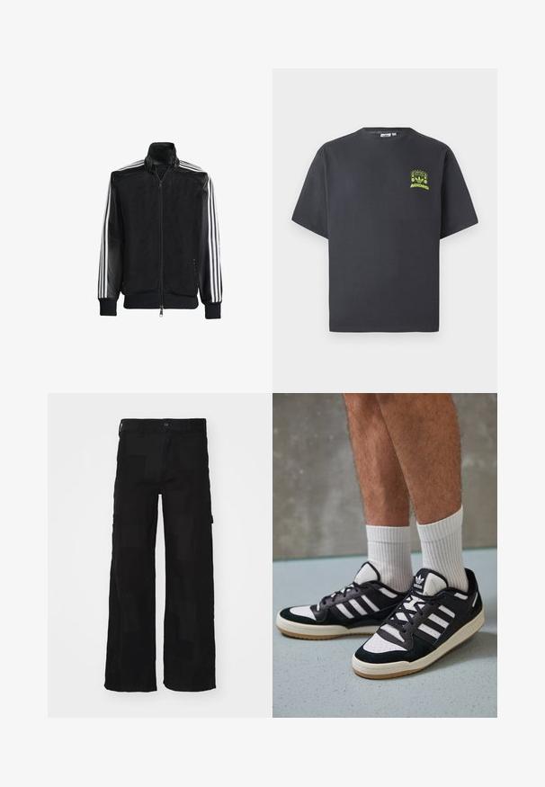 Črna mrežasta jakna z zadrgo spredaj, s trdnimi črnimi rokavi in tremi belimi črtami vzdolž rokavov. Rebrasti robovi in spodnji del.; Črno-siva Adidas majica s kratkimi rokavi in majhnim neon zelenim grafičnim motivom z zvočniki, soncem in Adidasovim logotipom na levi strani prsnega koša.; Črne cargo hlače iz mešanice bombaža, z ohlapnim krojem, dvema stranskima žepoma, gumbom za zapiranje ter gladko teksturo s subtilnim vzorcem.; Črno-bele superge z zgornjim delom iz usnja in nubuka, ki imajo tri bele črte, perforiran vrh prstov in podplat iz gume.