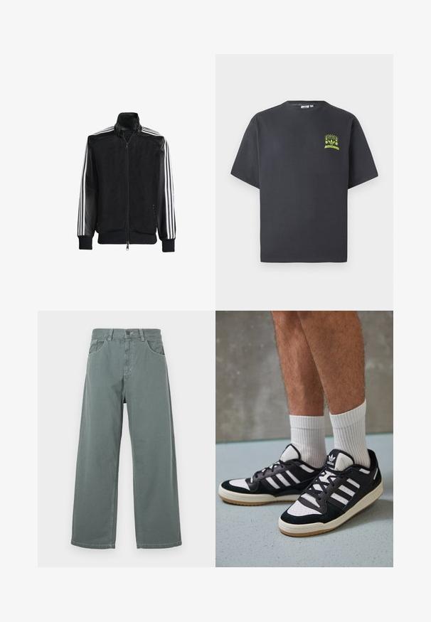 Black mesh jacket with a zip front, featuring solid black sleeves and three white stripes along the arms. Ribbed cuffs and hem.; Charcoal gray Adidas T-shirt with short sleeves and a small neon green graphic of speakers, sun, and Adidas logo on left chest.; Wide-leg pants in muted green cotton, featuring a classic waistband, belt loops, front pockets, and contrasting stitching details.; Black and white sneakers with a suede and leather upper, featuring three white stripes, a perforated toe, and a gum rubber sole.