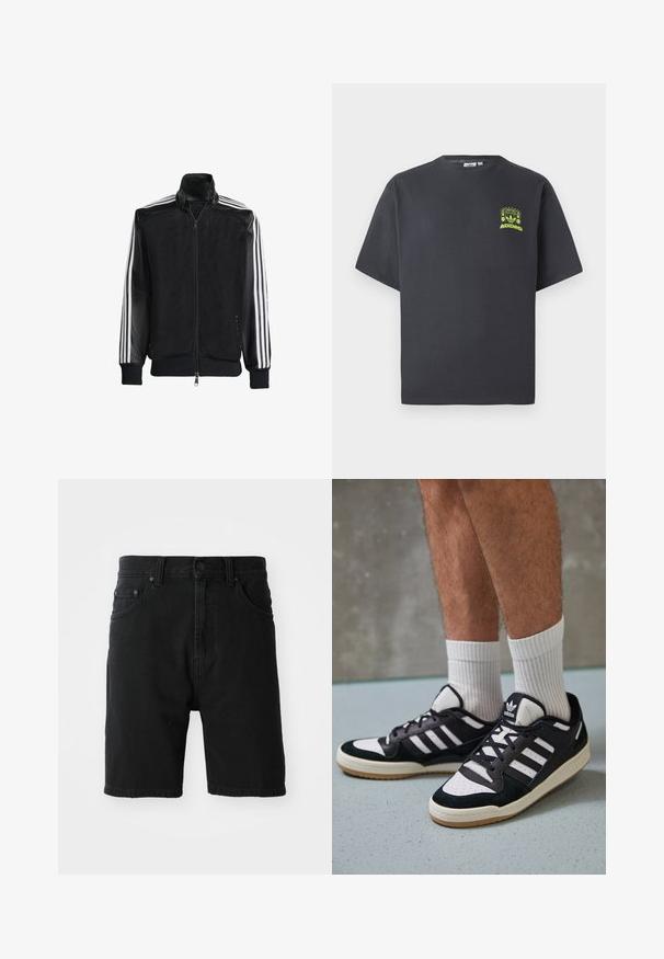 Melna režģa jakas ar rāvējslēdzēja priekšpusi, kam ir viendabīgas melnas piedurknes un trīs baltas svītras gar rokām. Ribota aproce un apakša.; Tumši pelēkā krāsā Adidas T-kreklā ar īsām piedurknēm un mazu neona zaļa grafiku ar skaļruņiem, sauli un Adidas logo kreisajā krūtī.; Melnas džinsu šortos ar taisnu griezumu, piecu kabatu dizainu, priekšējo pogu aizdari un rullētu malu. Gluda tekstūra bez redzamām zīmēm.; Melnas un baltas kedas ar zamša un ādas augšdaļu, kas aprīkotas ar trim baltām svītrām, perforētu purngali un gumijas zolēm.