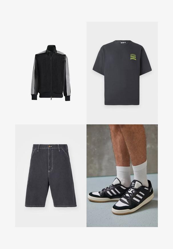 Juodas permatomas džemperis su užtrauktuku priekyje, turintis vientisas juodas rankoves ir tris baltas juostas ant rankų. Raukšlėtos rankogaliai ir apatinė dalis.; Anglies pilkos spalvos Adidas marškinėliai trumpomis rankovėmis su mažu neoninės žalios spalvos grafikų, vaizduojančiu garsiakalbius, saulę ir Adidas logotipą, kairėje krūtinės pusėje.; Tamsiai pilki džinsiniai šortai su laisvu blyksniu, turintys mygtuko uždarymą, diržo kilpas ir subtilią baltą siuvinėjimą. Kišenių nematyti.; Juodos ir baltos sportinės bateliai su zomšiniu ir odiniu viršumi, su trimis baltomis juostelėmis, perforuota koja ir guminėmis padais.