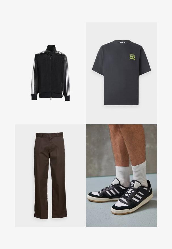 Sort meshjakke med lynlås foran, med ensfarvede sorte ærmer og tre hvide striber langs armene. Ribbet manchetter og kant.; Kulgrå Adidas T-shirt med korte ærmer og en lille neon grøn grafik af højttalere, sol og Adidas-logo på venstre bryst.; Brune bukser med lige ben, der har en flad front, bæltesløjfer og en glat overflade. Simpelt design uden mønstre eller detaljer.; Sorte og hvide sneakers med en overdel i ruskind og læder, der har tre hvide striber, en perforeret tå og en sål i gummigummi.