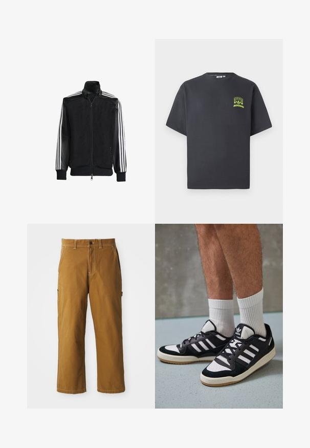 Black mesh jacket with a zip front, featuring solid black sleeves and three white stripes along the arms. Ribbed cuffs and hem.; Charcoal gray Adidas T-shirt with short sleeves and a small neon green graphic of speakers, sun, and Adidas logo on left chest.; Brown cotton pants with a straight cut, reinforced stitching, and side pockets. Features a button closure and belt loops at the waist.; Black and white sneakers with a suede and leather upper, featuring three white stripes, a perforated toe, and a gum rubber sole.