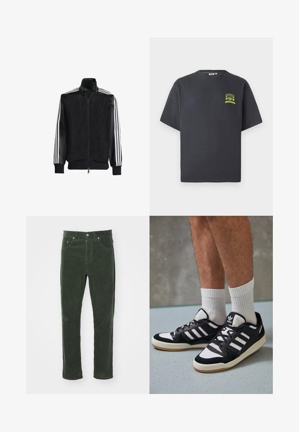 Crna mrežasta jakna s patentnim zatvaračem sprijeda, koja ima čvrste crne rukave i tri bijele pruge duž ruku. Riblje manžetne i rub.; Majica Adidas u boji ugljena s kratkim rukavima i malim grafikom u neon zelenoj boji koja prikazuje zvučnike, sunce i Adidas logotip na lijevoj strani prsnog koša.; Zelene ženske pamučne hlače od kordura s ravnim krojem, imaju pet džepova, metalno dugme za zatvaranje i teksturiranu rebrastu površinu.; Crne i bijele tenisice s gornjim dijelom od antilopa i kože, s tri bijele pruge, perforiranim prstom i gumiranim potplatom.