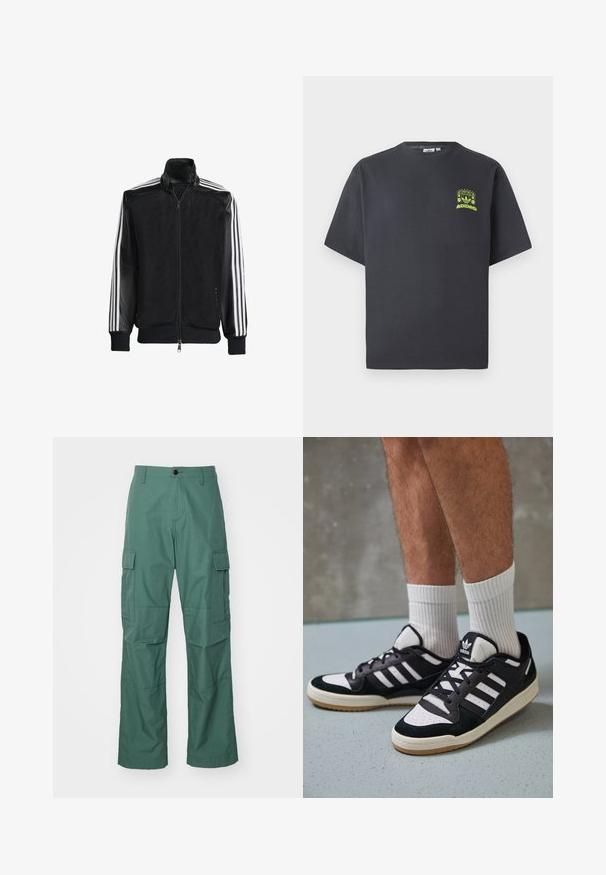 Schwarze Mesh-Jacke mit Reißverschluss vorne, die aus einem einfarbigen schwarzen Ärmeln und drei weißen Streifen an den Armen besteht. Gerippte Bündchen und Saum.; Dunkelgraues Adidas-T-Shirt mit kurzen Ärmeln und einem kleinen neongrünen Aufdruck von Lautsprechern, Sonne und dem Adidas-Logo auf der linken Brust.; Cargo-Hosen in Dunkelgrün, aus strukturiertem Gewebe. Zu den Features gehören seitliche Cargo-Taschen und ein gerader Schnitt mit Knopfverschluss.; Schwarz-weiße Sneaker mit einem Obermaterial aus Wildleder und Leder, ausgestattet mit drei weißen Streifen, einer perforierten Zehenpartie und einer Sohle aus Gummi.