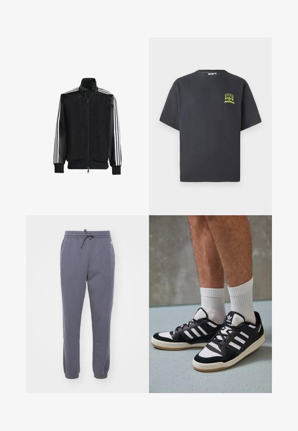 Melna režģa jakas ar rāvējslēdzēja priekšpusi, kam ir viendabīgas melnas piedurknes un trīs baltas svītras gar rokām. Ribota aproce un apakša.; Tumši pelēkā krāsā Adidas T-kreklā ar īsām piedurknēm un mazu neona zaļa grafiku ar skaļruņiem, sauli un Adidas logo kreisajā krūtī.; Pelēki vilnas sporta bikses ar elastīgu jostu un auklu. Ar elastīgām apakšmalām un sānu kabatas detaļu. Mīksta tekstūra, piemērota ikdienas valkāšanai.; Melnas un baltas kedas ar zamša un ādas augšdaļu, kas aprīkotas ar trim baltām svītrām, perforētu purngali un gumijas zolēm.