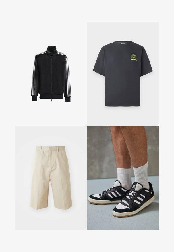 Must mustriga jope, millel on lukuga eesosa, ning mustad varrukad ja kolm valget triipu varrukate ääres. Ribaelastne mansett ja allääre.; Söe phühaline Adidas T-särk, lühikeste varrukatega, tumesüsinest värvi, vasakul rinnal on väike helesinine graafiline kujutis kõlaritest, päikesest ja Adidas'i logost.; Beisid lahkelt lõigatud lühikesed püksid, millel on vöötsangad, volditud eesmine osa ja sile puuvillane tekstuur. Ilma taskute või lisadeeta.; Mustvalged ja valged spordijalatsid, mille pealmine osa on valmistatud suede'ist ja nahast. Kingadel on kolm valget riba, auguline varvas ja kummist tald.