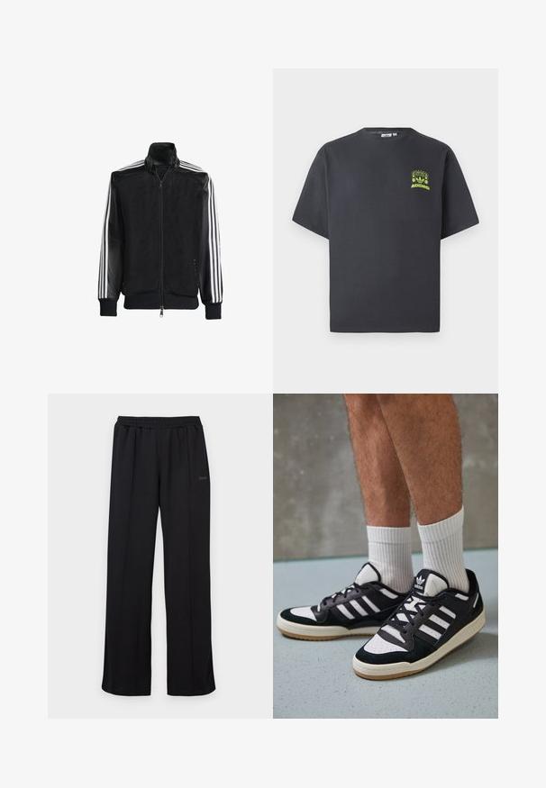 Black mesh jacket with a zip front, featuring solid black sleeves and three white stripes along the arms. Ribbed cuffs and hem.; Charcoal gray Adidas T-shirt with short sleeves and a small neon green graphic of speakers, sun, and Adidas logo on left chest.; Bareen BAZ TRACK LOUNGE PANTS - Tracksuit bottoms - pirate black; Black and white sneakers with a suede and leather upper, featuring three white stripes, a perforated toe, and a gum rubber sole.