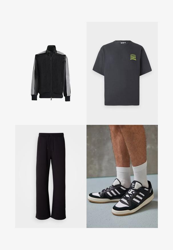 Jaqueta de malha preta com fecho zip, apresentando mangas pretas sólidas e três riscas brancas ao longo dos braços. Punhos e bainha canelados.; T-shirt Adidas de cor cinza carvão com mangas curtas e um pequeno gráfico em neon verde de altifalantes, sol e o logo da Adidas no lado esquerdo do peito.; Calças de treino pretas feitas de material suave, com cintura elástica ajustável, corte solto e design de perna reta. Estilo minimalista sem padrões.; Ténis em preto e branco com upper em camurça e couro, apresentando três riscas brancas, um toe perfurado e uma sola em borracha de goma.