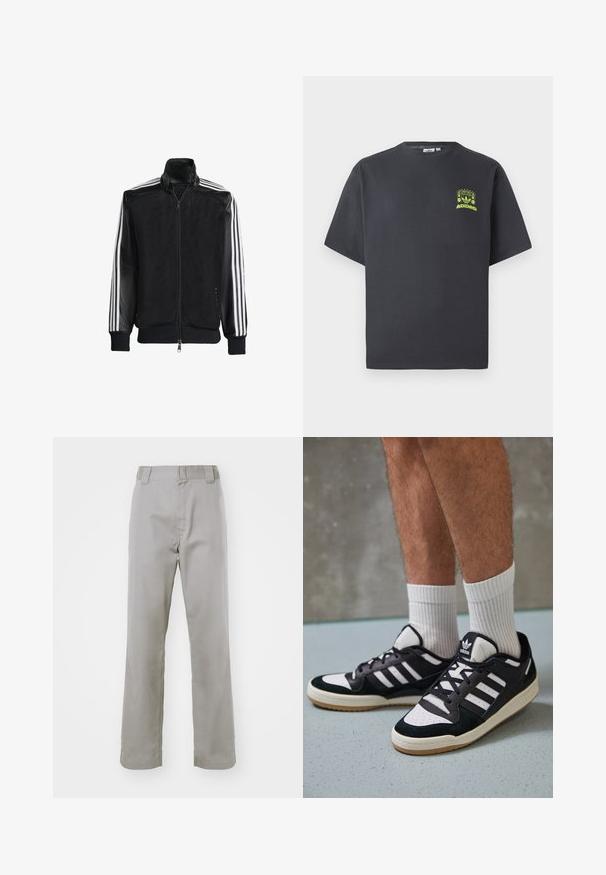 Svart mesh-jakke med glidelås foran, med solide svarte ermer og tre hvite striper langs armene. Ribbestrikkede mansjetter og nederkant.; Kullgrå Adidas t-skjorte med korte ermer og en liten neongrønn grafikk av høyttalere, sol og Adidas-logo på venstre bryst.; Grå bomullsbukser med rett ben-design, som har flat foran, beltehemper og en jevn tekstur.; Sorte og hvite sneakers med overdel i semsket skinn og lær, med tre hvite striper, perforert tå og en såle av gummi.