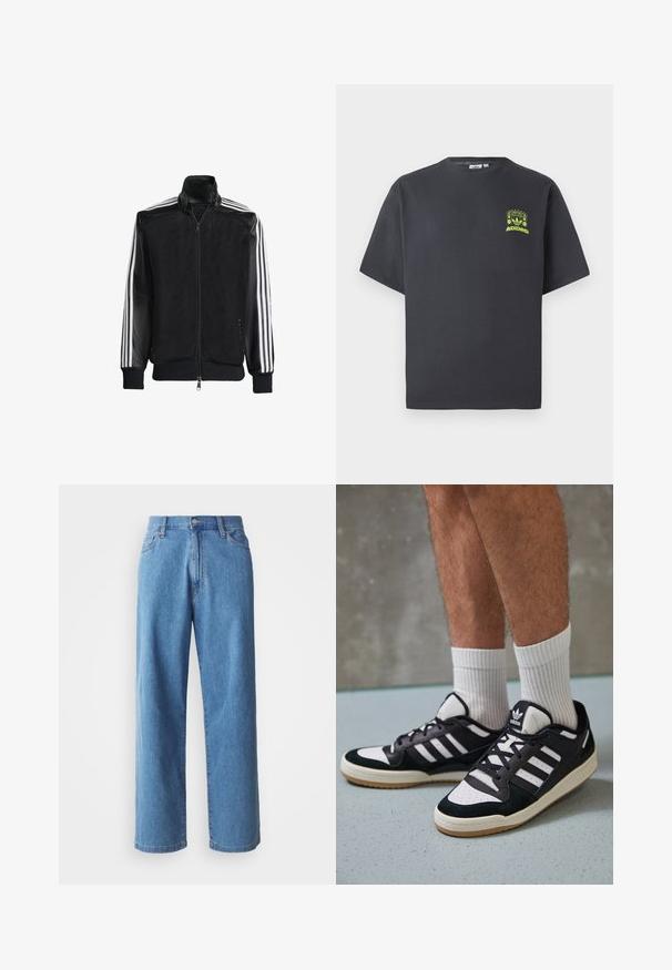 Melna režģa jakas ar rāvējslēdzēja priekšpusi, kam ir viendabīgas melnas piedurknes un trīs baltas svītras gar rokām. Ribota aproce un apakša.; Tumši pelēkā krāsā Adidas T-kreklā ar īsām piedurknēm un mazu neona zaļa grafiku ar skaļruņiem, sauli un Adidas logo kreisajā krūtī.; Gai zila denima platā kāju bikses ar augsto jostasvietu, piecām kabatām un pogu aizdari. Gluda tekstūra ar minimālu izgaismojumu.; Melnas un baltas kedas ar zamša un ādas augšdaļu, kas aprīkotas ar trim baltām svītrām, perforētu purngali un gumijas zolēm.