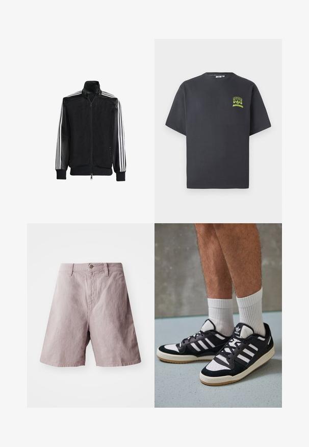 Juodas permatomas džemperis su užtrauktuku priekyje, turintis vientisas juodas rankoves ir tris baltas juostas ant rankų. Raukšlėtos rankogaliai ir apatinė dalis.; Anglies pilkos spalvos Adidas marškinėliai trumpomis rankovėmis su mažu neoninės žalios spalvos grafikų, vaizduojančiu garsiakalbius, saulę ir Adidas logotipą, kairėje krūtinės pusėje.; Šviesiai violetinės medvilninės šortai su lygiu juosmeniu, priekyje mygtuko užsegimas ir šoninės kišenės. Lygi tekstūra ir laisvas siluetas.; Juodos ir baltos sportinės bateliai su zomšiniu ir odiniu viršumi, su trimis baltomis juostelėmis, perforuota koja ir guminėmis padais.