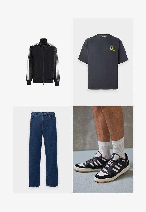 Juodas permatomas džemperis su užtrauktuku priekyje, turintis vientisas juodas rankoves ir tris baltas juostas ant rankų. Raukšlėtos rankogaliai ir apatinė dalis.; Anglies pilkos spalvos Adidas marškinėliai trumpomis rankovėmis su mažu neoninės žalios spalvos grafikų, vaizduojančiu garsiakalbius, saulę ir Adidas logotipą, kairėje krūtinės pusėje.; Tamsiai mėlynos tiesaus žandikaulio džinsai su priekinėmis kišenėmis ir mygtuko uždarymu, rodantys ant paprasto balto fono.; Juodos ir baltos sportinės bateliai su zomšiniu ir odiniu viršumi, su trimis baltomis juostelėmis, perforuota koja ir guminėmis padais.
