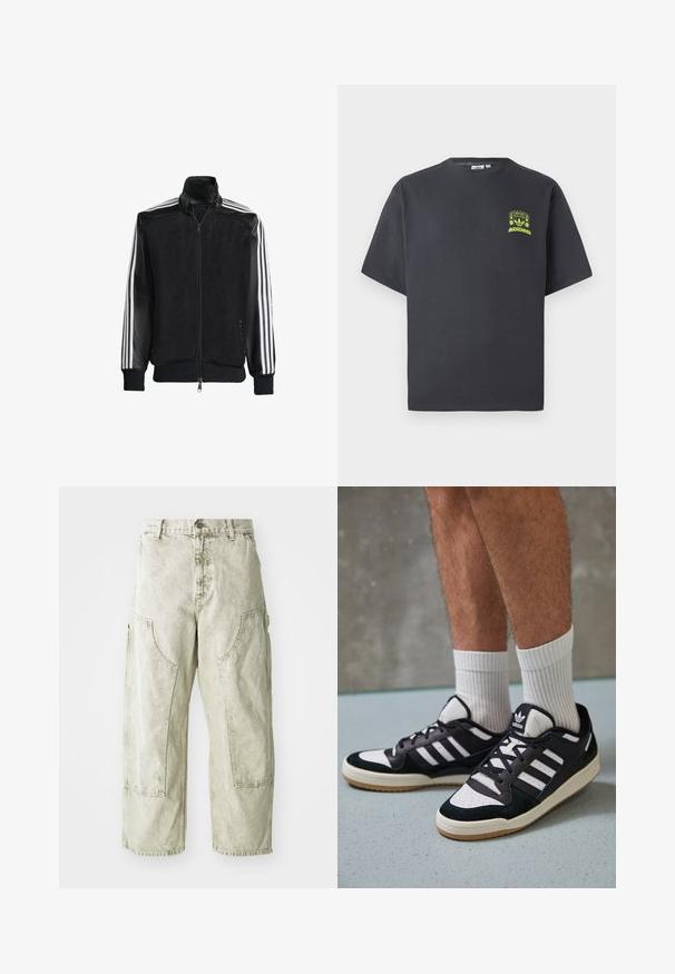 Chaqueta de malla negra con cierre de cremallera en la parte delantera, que presenta mangas negras sólidas y tres rayas blancas a lo largo de los brazos. Puños y dobladillo acanalados.; Camiseta de Adidas en gris carbón con mangas cortas y un pequeño gráfico en neón verde de altavoces, sol y el logo de Adidas en el lado izquierdo del pecho.; Pantalones cargo de pierna ancha en verde claro, hechos de denim, con grandes bolsillos laterales, cierre de botón y cremallera, y detalles de costura visibles.; Zapatillas en blanco y negro con parte superior de ante y cuero, que presentan tres franjas blancas, una puntera perforada y una suela de goma.
