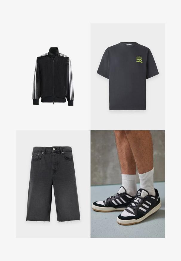 Čierna sieťovaná bunda so zipsom vpredu, s pevnými čiernymi rukávmi a tromi bielymi pruhmi po stranách rukávov. Žebrované manžety a spodný lem.; Antracitové šedé tričko Adidas s krátkymi rukávmi a malou neónovo zelenou grafikou reproduktorov, slnka a loga Adidas na ľavej hrudi.; Čierne denimové šortky so stredným strihom, s mierne rozstrapkaným lemom, poutkami na opasok, piatimi vreckami a striebornými gombíkmi.; Čierno-biele tenisky s vrchom z semišu a kože, s troma bielymi pruhmi, perforovanou špičkou a gumovou podrážkou.