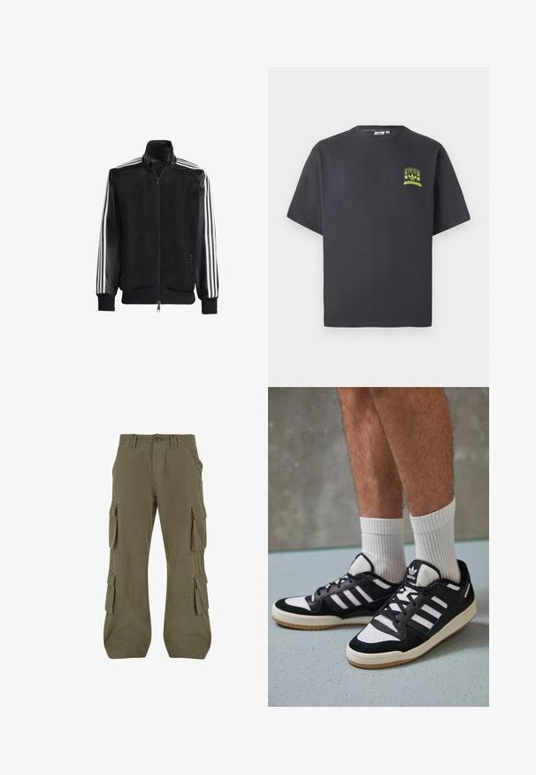 Zwarte maillotjas met een rits aan de voorkant, met stevige zwarte mouwen en drie witte strepen langs de armen. Geribbelde manchetten en zoom.; Koolgrijze Adidas T-shirt met korte mouwen en een kleine neon groene graphic van luidsprekers, zon en het Adidas-logo op de linkerkant van de borst.; Cargo broek in olijfgroen. Gemaakt van katoen, met meerdere zijzakken, een rechte snit en zichtbare stikdetails.; Zwart-witte sneakers met een bovenwerk van suede en leer, voorzien van drie witte strepen, een geperforeerde neus en een rubberen gumzool.