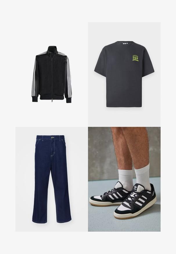 Chaqueta de malla negra con cierre de cremallera en la parte delantera, que presenta mangas negras sólidas y tres rayas blancas a lo largo de los brazos. Puños y dobladillo acanalados.; Camiseta de Adidas en gris carbón con mangas cortas y un pequeño gráfico en neón verde de altavoces, sol y el logo de Adidas en el lado izquierdo del pecho.; Pantalones de mezclilla azul oscuro con un diseño de pierna recta, que cuentan con detalles de costura clara y un cierre frontal con botón. Textura suave.; Zapatillas en blanco y negro con parte superior de ante y cuero, que presentan tres franjas blancas, una puntera perforada y una suela de goma.