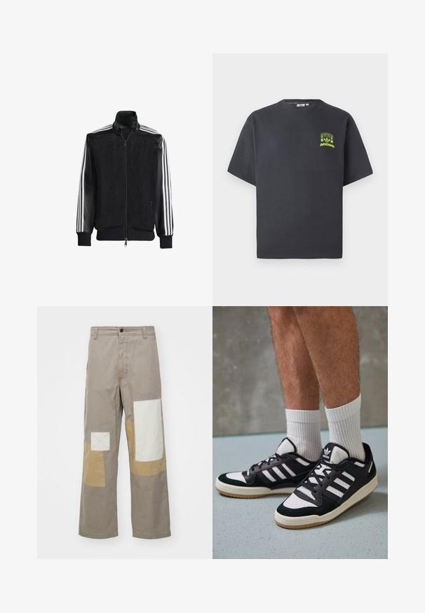Czarna siateczkowa kurtka z zamkiem z przodu, z jednolitymi czarnymi rękawami i trzema białymi paskami wzdłuż ramion. Prążkowane mankiety i dół.; T-shirt w kolorze węgorzowym marki Adidas z krótkim rękawem i małą neonowo-zieloną grafiką głośników, słońca oraz logo Adidas na lewej klatce piersiowej.; Beżowe spodnie szerokie z wzorem patchworkowym, składające się z jasnych i ciemnych sekcji materiału; zawierają kwadratowe akcenty oraz zapięcie na guzik z przodu.; Czarno-białe sneakersy z zamszową i skórzaną cholewką, z trzema białymi paskami, perforowanym czubkiem i gumową podeszwą w kolorze gumy.