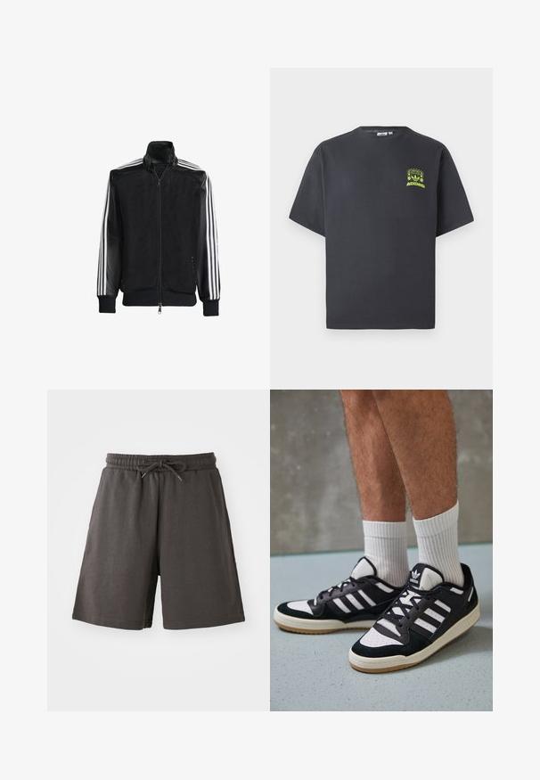 Black mesh jacket with a zip front, featuring solid black sleeves and three white stripes along the arms. Ribbed cuffs and hem.; Charcoal gray Adidas T-shirt with short sleeves and a small neon green graphic of speakers, sun, and Adidas logo on left chest.; Dark gray shorts made from soft fabric, featuring an elastic waistband, adjustable drawstring, and knee-length fit. Smooth texture, no patterns.; Black and white sneakers with a suede and leather upper, featuring three white stripes, a perforated toe, and a gum rubber sole.