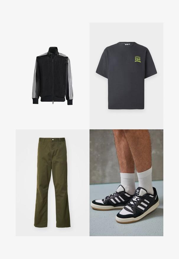 Black mesh jacket with a zip front, featuring solid black sleeves and three white stripes along the arms. Ribbed cuffs and hem.; Charcoal gray Adidas T-shirt with short sleeves and a small neon green graphic of speakers, sun, and Adidas logo on left chest.; Olive green cotton trousers with a straight leg design. Features a front button closure and classic five-pocket styling.; Black and white sneakers with a suede and leather upper, featuring three white stripes, a perforated toe, and a gum rubber sole.