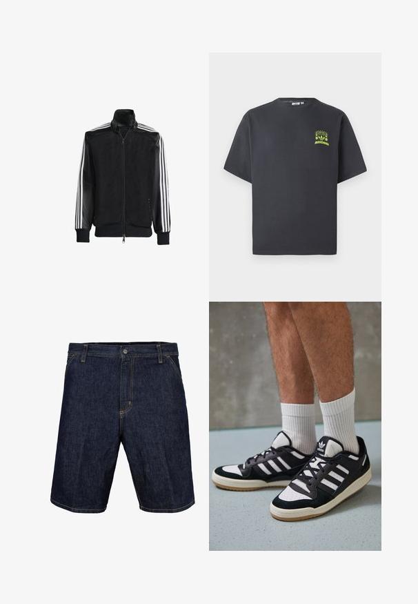 Czarna siateczkowa kurtka z zamkiem z przodu, z jednolitymi czarnymi rękawami i trzema białymi paskami wzdłuż ramion. Prążkowane mankiety i dół.; T-shirt w kolorze węgorzowym marki Adidas z krótkim rękawem i małą neonowo-zieloną grafiką głośników, słońca oraz logo Adidas na lewej klatce piersiowej.; Jeansowe szorty w ciemnoniebieskim kolorze z żółtymi szwami, z przodem zapinanym na guzik, szlufkami na pasek i bocznymi kieszeniami. Gładka faktura, długość do kolan.; Czarno-białe sneakersy z zamszową i skórzaną cholewką, z trzema białymi paskami, perforowanym czubkiem i gumową podeszwą w kolorze gumy.