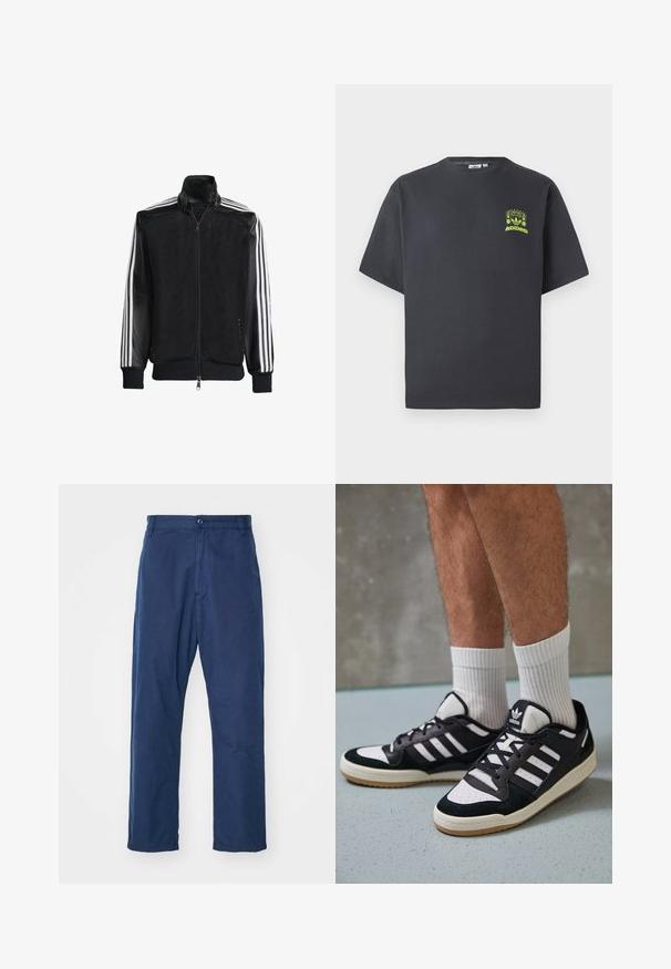 Veste en maille noire avec fermeture éclair à l'avant, présentant des manches noires unies et trois rayures blanches le long des bras. Poignets et ourlet côtelés.; T-shirt Adidas gris charbon à manches courtes avec un petit graphique néon vert représentant des haut-parleurs, un soleil et le logo Adidas sur la poitrine gauche.; Pantalon droit bleu marine en coton. Doté d'une fermeture à bouton sur le devant et d'une texture subtile, avec des poches latérales et des passants de ceinture.; Baskets noir et blanc avec une tige en suède et cuir, comportant trois rayures blanches, un bout perforé et une semelle en caoutchouc gum.