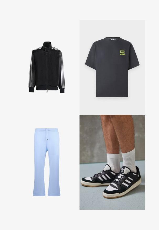 Fekete hálós dzseki, elöl cipzárral, amelynek egyszínű fekete ujjai és három fehér csíkja van a karokon. Rugalmas mandzsetták és derék.; Sötétszürke Adidas póló rövid ujjakkal, a bal mellrészen egy kis neon zöld grafikával, amely hangszórókat, napot és az Adidas logót ábrázol.; Dropsize OPEN LEG - Tréningruha alsók - babyblue; Fekete-fehér tornacipők velúr és bőr felsőrésszel, három fehér csíkkal, perforált orral és gumi talppal.